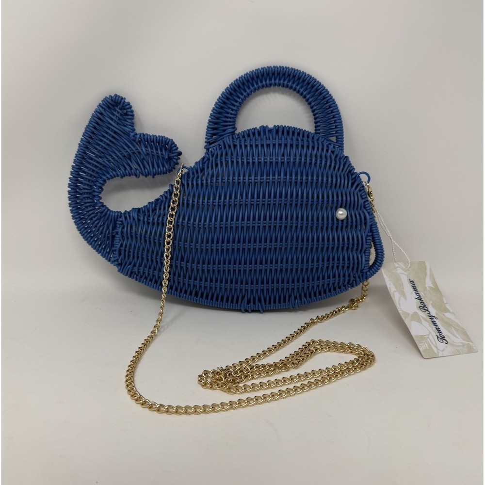 New Tommy Bahama Navy Blue Raffia Wicker Whale Crossbody Bag Woven Purse NWT